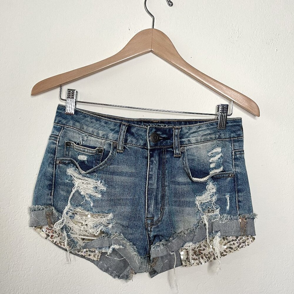 Hi Rise American Eagle Stretch Festival Denim Sequin Shorts Size 6